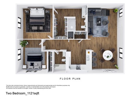 Floor plan for 2 beds, 2 baths, 1121 sqft